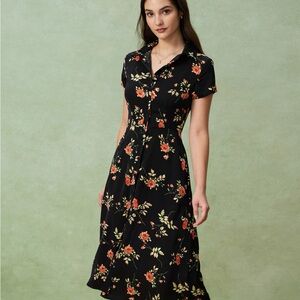 Rihoas Black Floral Midi Dress – Button Front A-Line, Size S